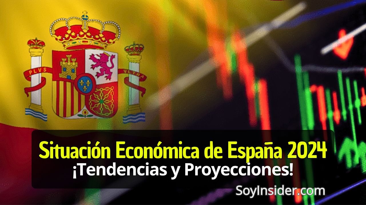 Bandera de España junto a gráficos de indicadores financieros en movimiento. Texto en la imagen: "Situación Económica de España 2024 - ¡Tendencias y Proyecciones!" Sitio web: SoyInsider.com.