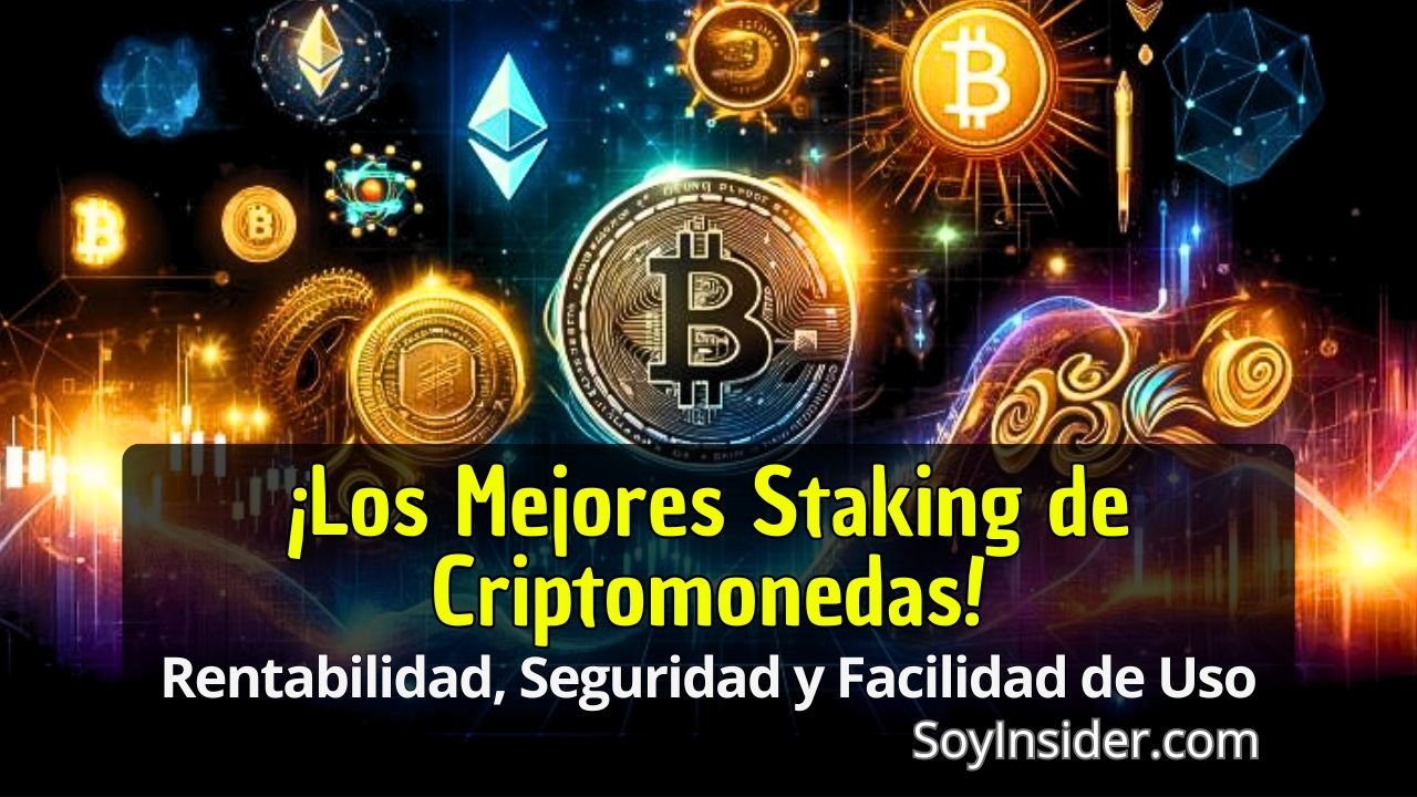 Imagen de diferentes logotipos de criptomonedas, incluyendo Bitcoin y Ethereum, con el texto: "¡Los Mejores Staking de Criptomonedas! Rentabilidad, Seguridad y Facilidad de Uso". Incluye la URL del sitio web SoyInsider.com.