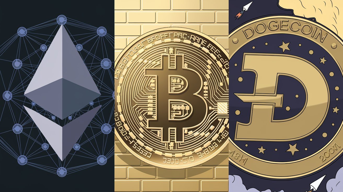El precio del Bitcoin se acerca a los 90.000 euros. En la imagen aparece su símbolo junto al de Ethereum y Dogecoin