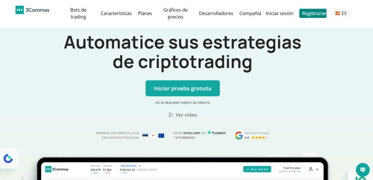 Captura de pantalla de plataforma 3Commas para Trading Automatizado en concepto de Bot DCA vs. Bot Grid