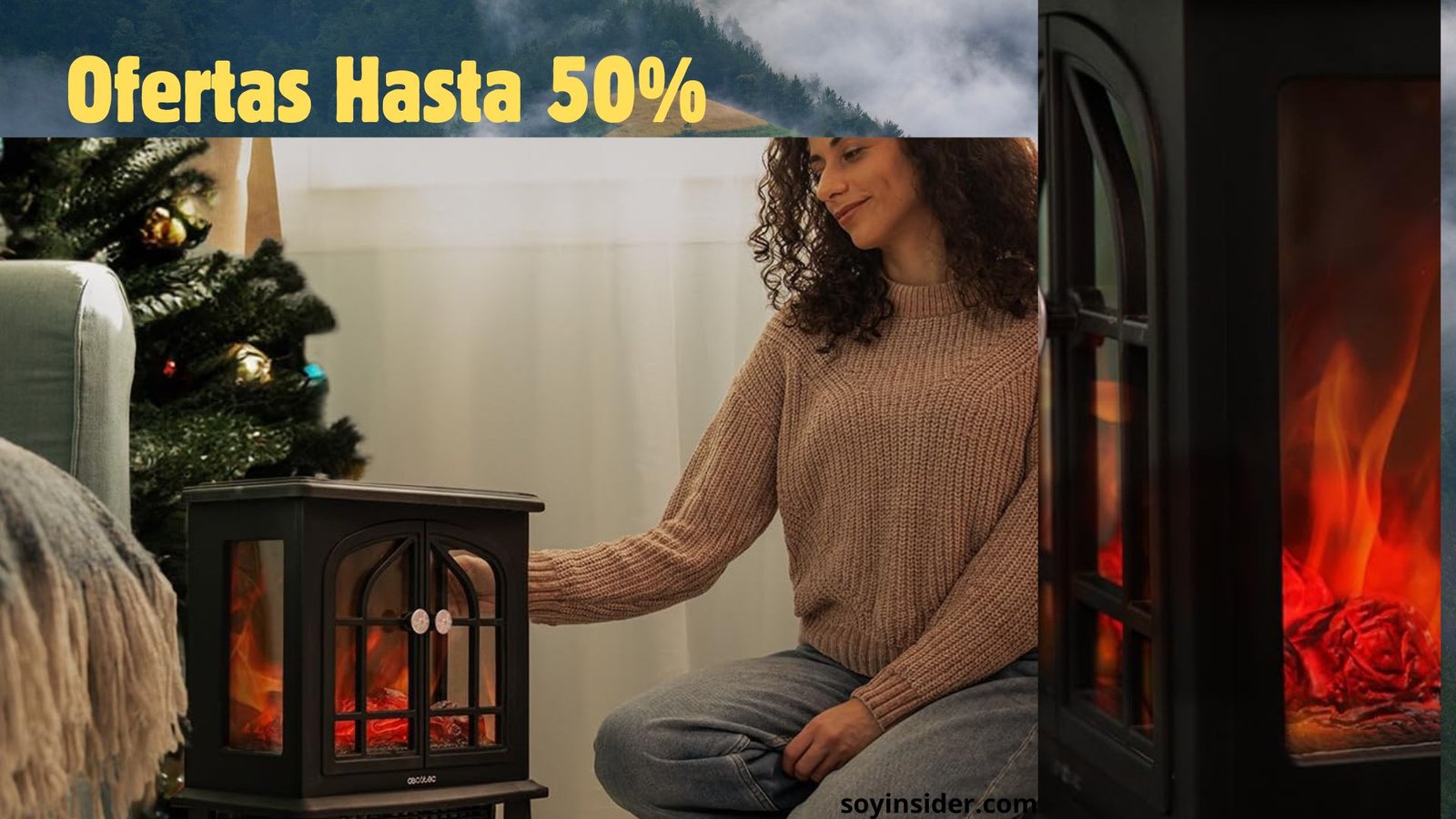 Imagen ilustra una mujero junto con una Estufa Chimenea Eléctrica y opiniones y ofertas del producto
