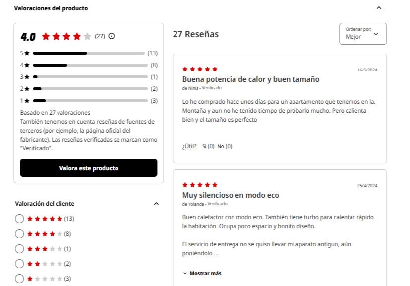 Captura de pantalla de Opiniones sobre el Calefactor Rowenta Comfort Compact SO2330