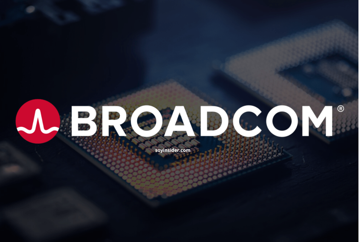 Broadcom junto a gráficos de crecimiento, representando su ascenso en el mercado de la inteligencia artificial.
