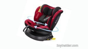 Silla de coche para bebé de color rojo y negro, con base giratoria que permite rotación de 360 grados. Diseño ergonómico con arnés de seguridad. El texto visible en el recuadro de la silla dice: "soyinsider.com". Las 5 Mejores Sillas de Coche Más Seguras para Bebés Recién Nacidos (Grupo 0 1 2 3 con Isofix)