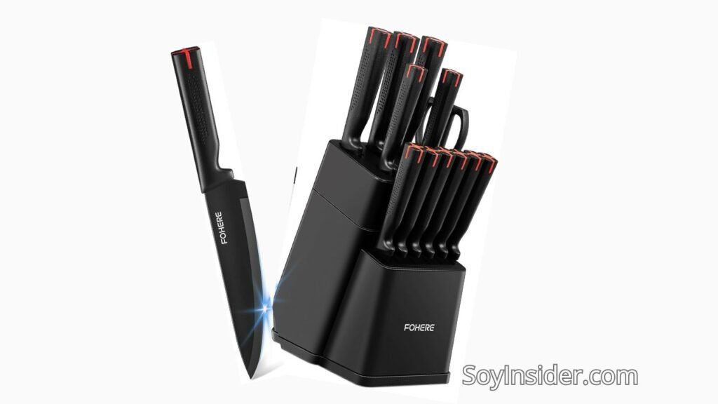 Un juego de cuchillos de cocina profesionales de la marca Fohere. Incluye un bloque negro moderno con cuchillos de mango ergonómico negro y detalles en rojo, acompañados por un cuchillo destacado al frente. Texto visible en la imagen: "SoyInsider.com".