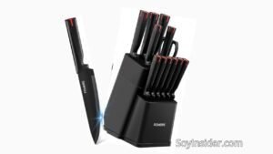 Un juego de cuchillos de cocina profesionales de la marca Fohere. Incluye un bloque negro moderno con cuchillos de mango ergonómico negro y detalles en rojo, acompañados por un cuchillo destacado al frente. Texto visible en la imagen: "SoyInsider.com".