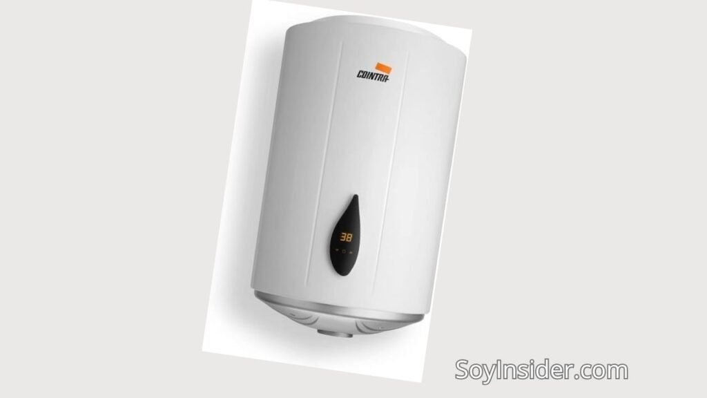 Calentador de agua eléctrico Cointra en color blanco, con diseño cilíndrico y pantalla digital que muestra la temperatura en 38 grados. En la parte superior del calentador se encuentra el logotipo de la marca "Cointra". Abajo a la derecha de la imagen aparece el texto "SoyInsider.com".