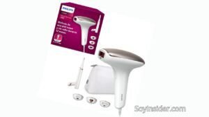 Depiladora para hombres, Philips Lumea IPL Hair Removal 7000, diseñada para eliminar el vello de manera efectiva. Incluye varios accesorios como cabezales específicos, una bolsa de almacenamiento y un recortador de precisión. Ideal para obtener una piel suave y sin vello durante un largo período. Texto que dice: "soyinsider.com"