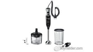 Imagen de una batidora de mano Bosch ErgoMixx 750W. Incluye un vaso medidor, un picador, y un batidor de varillas. La batidora tiene un diseño ergonómico en color negro con detalles en plata, además de un cable enrollable para mayor comodidad. Texto visible en la imagen: "SoyInsider.com".