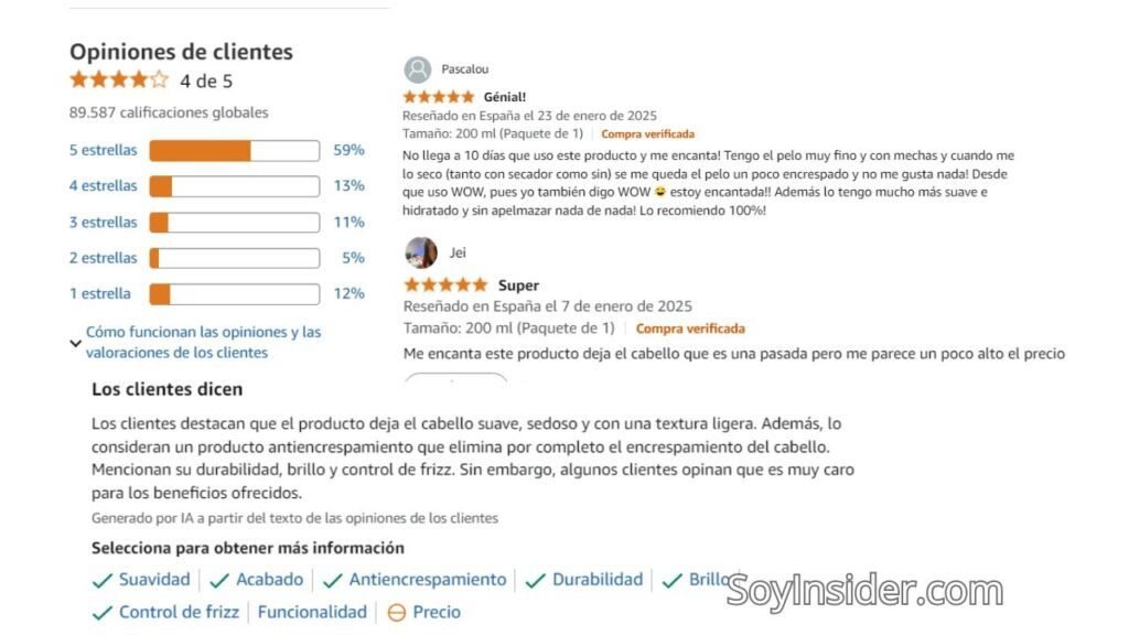 Opiniones en Amazon sobre el Color Wow Dream Coat Spray, Producto de Peinado Anti-encrespamiento