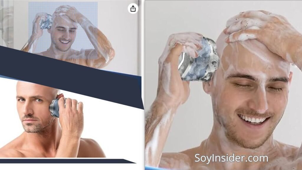 Ventajas de las Afeitadoras para Cabeza Profesionales para Hombres Calvos, en la imagen un hombre calvo afeitando su cabeza y barba en la ducha