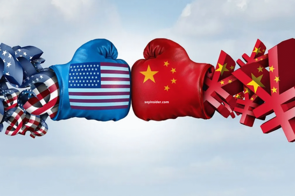 Representación de tensiones comerciales entre China y Estados Unidos con un fondo de banderas y símbolos económicos.