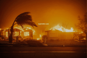 Vista de una casa parcialmente dañada por incendios forestales en California, con un paisaje quemado en el fondo