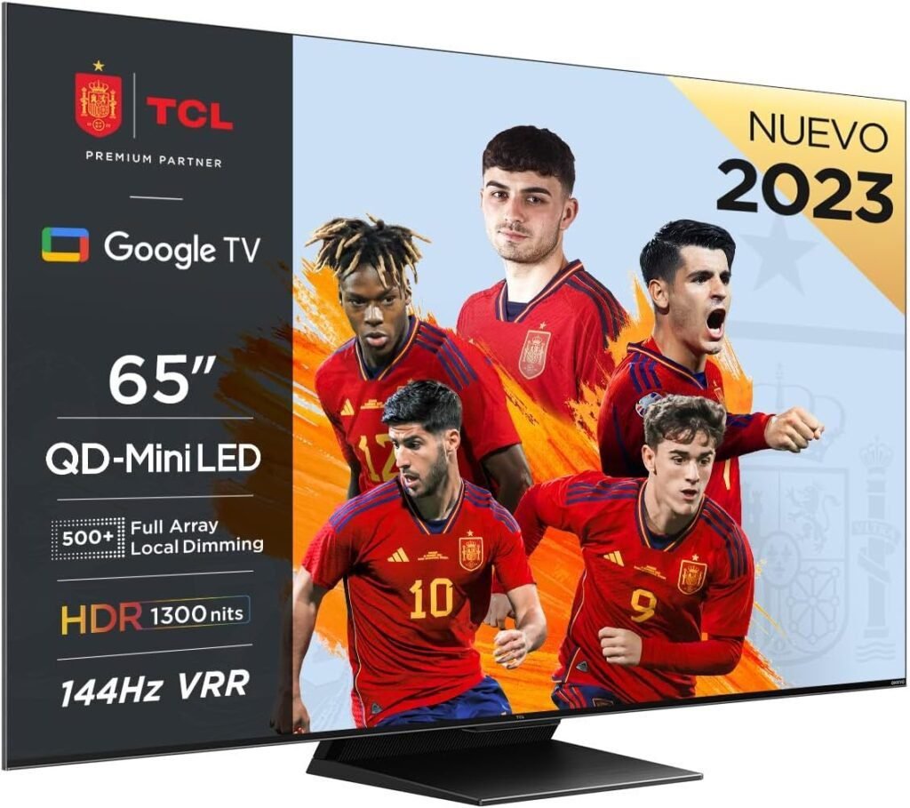Imagen del **TCL 65QM8B TV MiniLED 65”** con tecnología **QLED**, frecuencia de actualización de **144Hz** y resolución **4K HDR Premium**. Diseño moderno y sin bordes, ideal para una experiencia inmersiva.