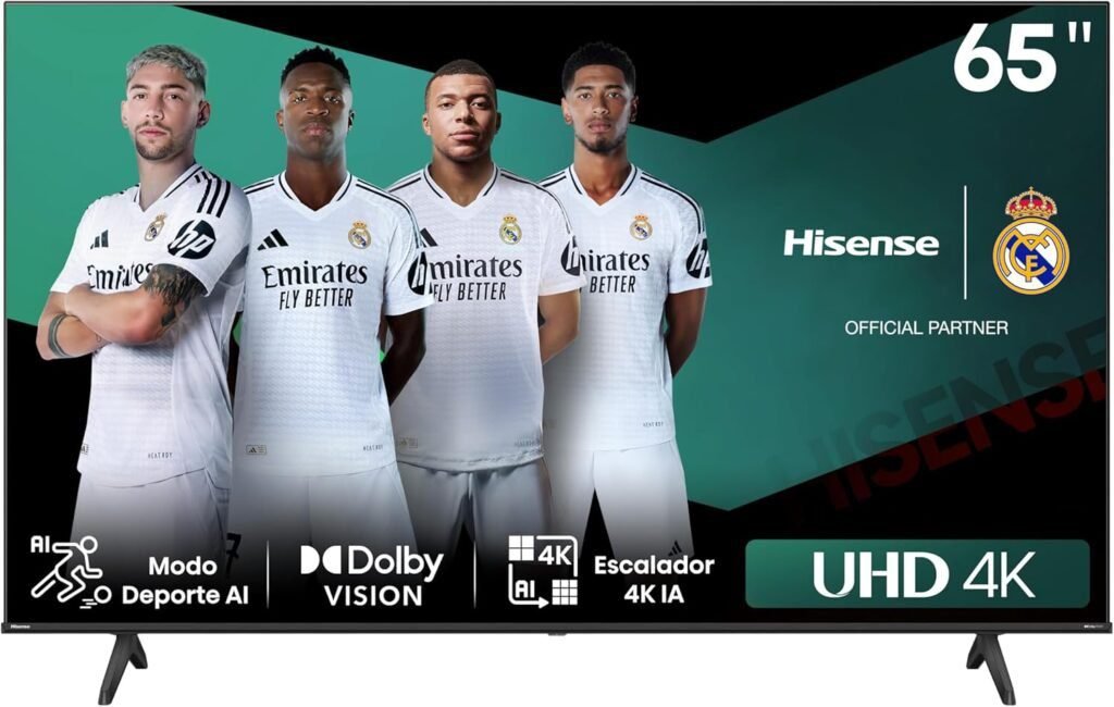Imagen del televisor Hisense 65E6NT de 65 pulgadas con resolución UHD 4K y sistema operativo VIDAA Smart TV. Diseño moderno con bordes delgados, calidad de imagen nítida y colores vibrantes, ideal para disfrutar de películas, series y videojuegos.