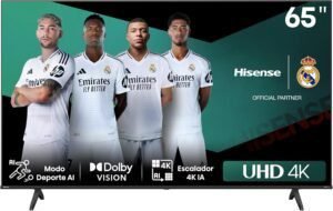 Imagen del televisor Hisense 65E6NT de 65 pulgadas con resolución UHD 4K y sistema operativo VIDAA Smart TV. Diseño moderno con bordes delgados, calidad de imagen nítida y colores vibrantes, ideal para disfrutar de películas, series y videojuegos.