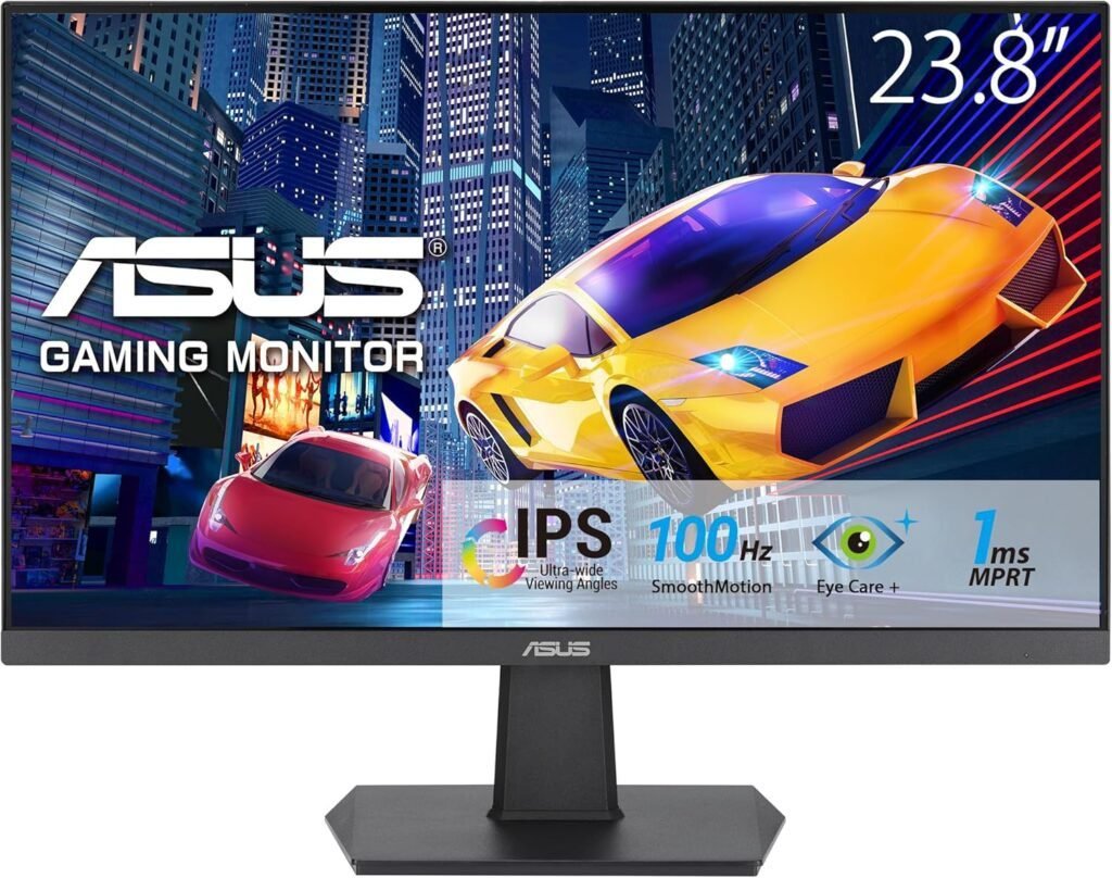 Imagen del ASUS Monitor VA24EHF Eye Care Gaming de 24 pulgadas. Diseño moderno con tecnología Eye Care para minimizar la fatiga visual. Ideal para juegos y trabajo gracias a su pantalla Full HD y tasa de refresco de 100Hz.