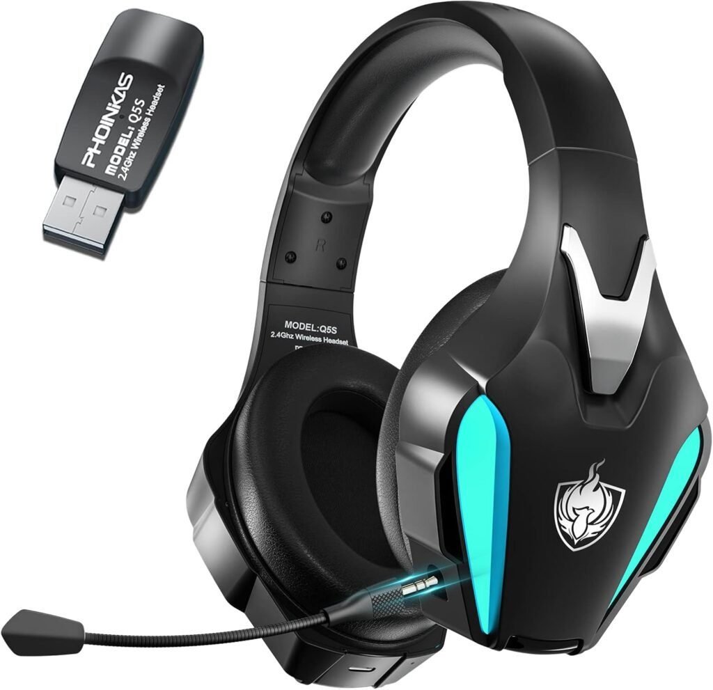 Auriculares gaming inalámbricos PHOINIKAS para PS4, PS5 y PC con micrófono. Diseño ergonómico, sonido envolvente y conexión estable para una experiencia de juego inmersiva.