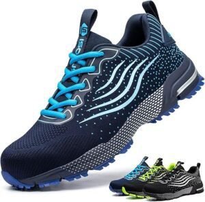 Imagen de los **ISOOUS Zapatos de Seguridad Hombre Mujer** en primer plano, mostrando su diseño resistente y ergonómico. Calzado de seguridad con puntera de acero, suela antideslizante y materiales transpirables para mayor comodidad y protección en el trabajo.