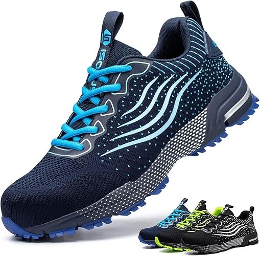 Imagen de los **ISOOUS Zapatos de Seguridad Hombre Mujer** en primer plano, mostrando su diseño resistente y ergonómico. Calzado de seguridad con puntera de acero, suela antideslizante y materiales transpirables para mayor comodidad y protección en el trabajo.