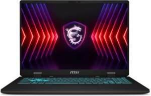 Imagen del portátil gaming **MSI Sword 16 HX B14VFKG-054XES** con diseño moderno, teclado retroiluminado y pantalla de alto rendimiento, ideal para gamers exigentes.