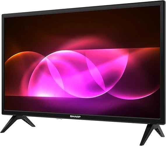 Imagen del televisor SHARP 24FA6E de 24 pulgadas, diseño compacto en color negro, pantalla LED HD ideal para espacios pequeños, con múltiples opiniones positivas de usuarios satisfechos.