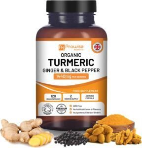 Imagen del suplemento **Cúrcuma Curcumina 1440 mg** con **pimienta negra y jengibre** en envase de alta calidad. Fórmula potenciadora de la absorción con ingredientes naturales para el bienestar y la salud articular. Mejora tu rutina diaria con este complemento premium.