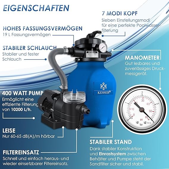 Imagen del sistema de filtración de arena KESSER® con diseño robusto y carcasa de alta calidad, ideal para piscinas. Filtro de arena eficiente con válvula multivía y manómetro visible para un control óptimo del proceso de limpieza del agua.