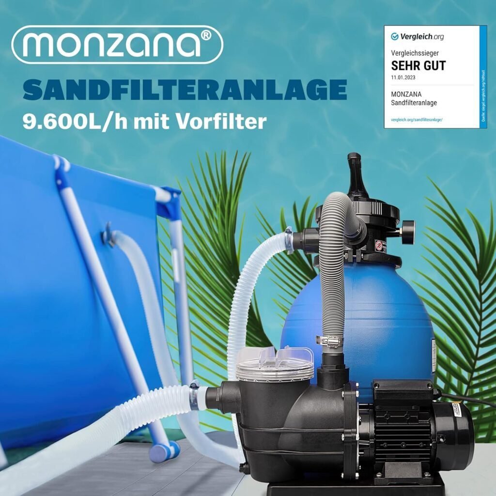 Imagen del producto Monzana Depuradora Sistema de Filtro de Arena con capacidad de 9.600 L/h, diseño robusto y eficiente para piscinas, ideal para mantener el agua limpia y cristalina; equipo de filtración de alto rendimiento con materiales duraderos y válvula de control multiposición.
