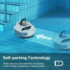 Imagen del robot de piscina POOLPURE con batería de larga duración de 55Wh y autonomía de hasta 120 minutos, ideal para limpieza automática y eficiente en piscinas residenciales. Diseño compacto y moderno pensado para mejorar la experiencia de mantenimiento en piscinas.