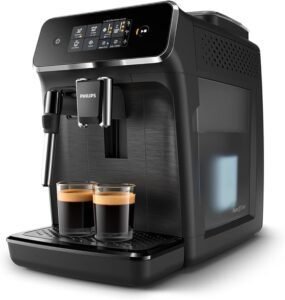 Imagen de la Philips Serie 2200 Cafetera Superautomática con Espumador de Leche Clásico – vista frontal del diseño moderno en color negro, con detalles del panel táctil intuitivo y sistema de leche clásico ideal para preparar espressos y cappuccinos de alta calidad en casa.