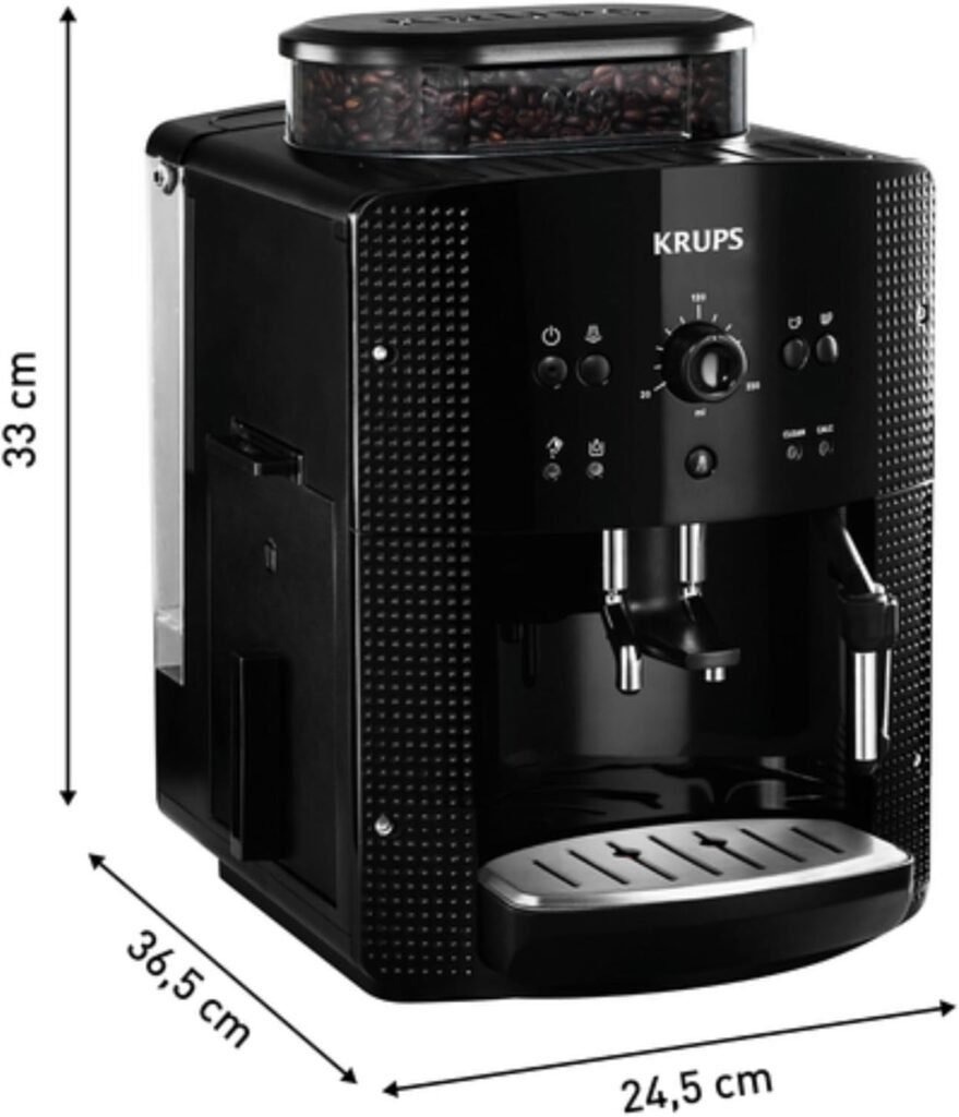 Cafetera superautomática Krups Roma EA810870 de diseño compacto en color negro, ideal para preparar café espresso profesional en casa con molinillo integrado y sistema de leche manual.