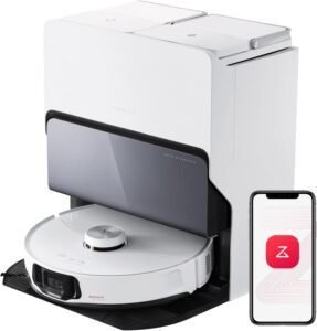 Imagen del **Roborock S8 MaxV Ultra** con su base de carga todo en uno. Este potente **robot aspirador** ofrece limpieza automática de alta eficiencia, navegación inteligente y vaciado automático. Ideal para mantener tu hogar impecable sin esfuerzo. Descubre más en nuestras **opiniones sobre el Roborock S8 MaxV Ultra**.