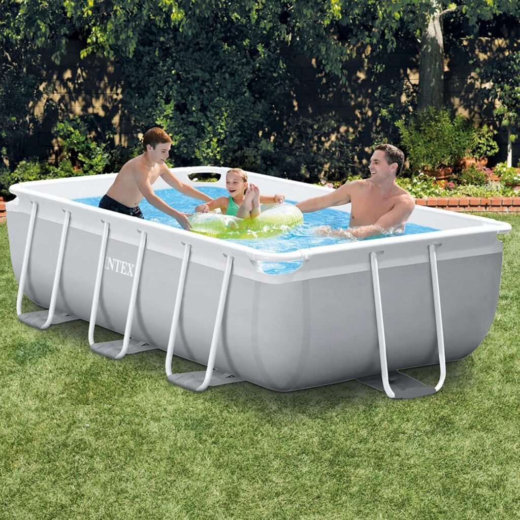 Imagen de la piscina INTEX 55210 Prism Frame rectangular de 300x175x80 cm con depuradora incluida, ideal para jardín, estructura resistente y fácil montaje.