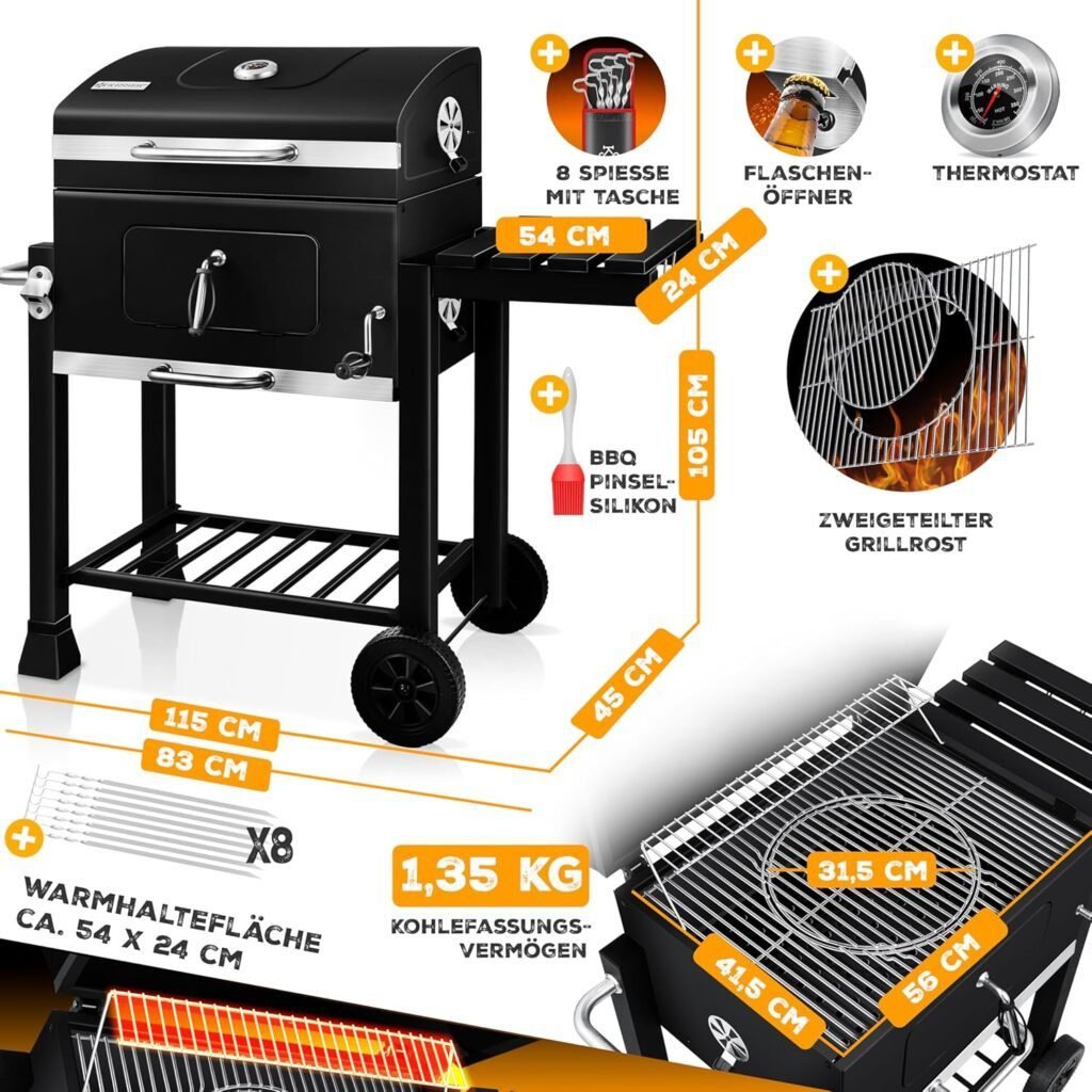 Parrilla de carbón KESSER® con carrito plegable, diseño moderno en acero resistente, ideal para barbacoas al aire libre, jardín o terraza, con estantes laterales y ruedas para fácil transporte.