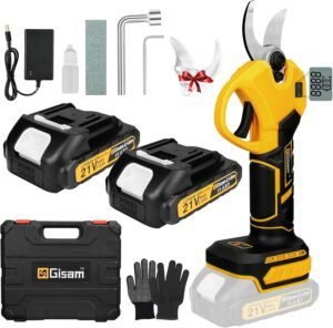 Tijeras de Podar Eléctricas Gisam Profesionales 40mm – Opiniones y características. Imagen del producto mostrando su diseño ergonómico, cuchillas afiladas y batería recargable para una poda eficiente y precisa.