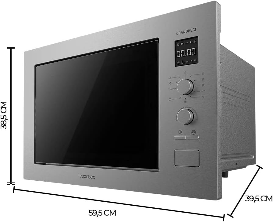 Imagen del microondas encastrable Cecotec GrandHeat 2550 Built-In Steel de 25 litros con grill, diseño moderno en acero inoxidable ideal para cocina empotrada.