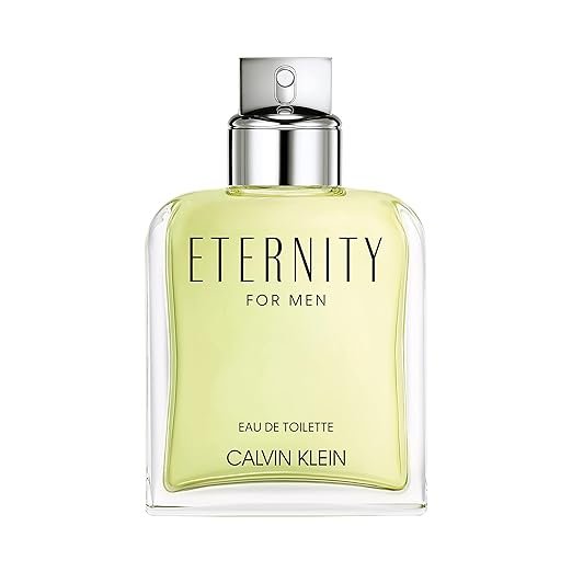 Imagen del perfume **Calvin Klein Eternity Eau de Toilette Para Hombre**. Diseño elegante con frasco de vidrio transparente y tapa plateada. Fragancia clásica y sofisticada ideal para el uso diario.