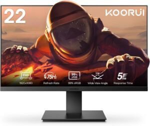 Imagen del **KOORUI Monitor de 22” FHD 75 Hz** con diseño elegante, pantalla de alta definición y marco delgado. Ideal para trabajo y entretenimiento con fluidez y calidad de imagen nítida.