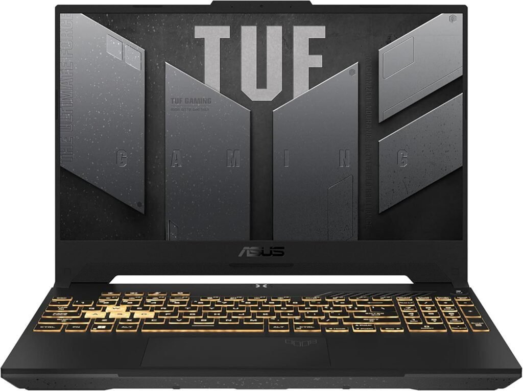 Imagen del portátil gaming **ASUS TUF Gaming A15 FA507NVR-LP002**, con diseño resistente y pantalla de alta tasa de refresco. Potente hardware para un rendimiento óptimo en juegos y tareas exigentes.