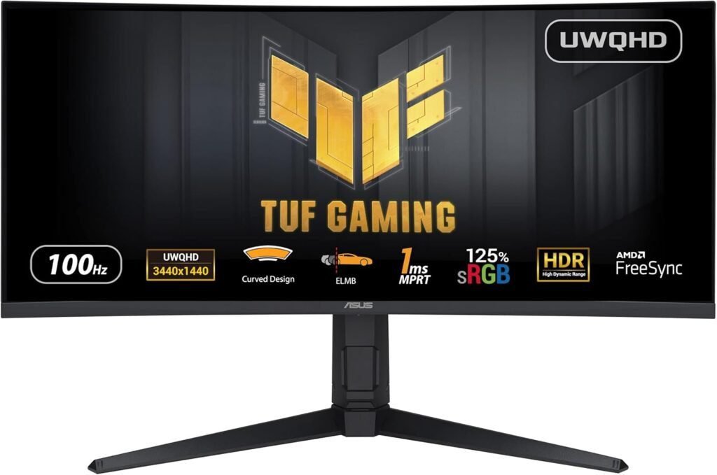 Monitor gaming curvo Asus TUF Gaming VG34VQEL1A de 34 pulgadas. Diseño inmersivo, resolución UWQHD, 100Hz de refresco y tecnología ELMB para una experiencia fluida y sin desenfoques. Ideal para gamers que buscan rendimiento y calidad de imagen.
