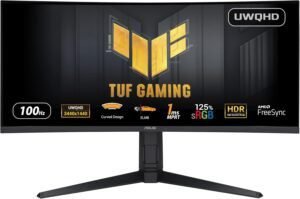 Monitor gaming curvo Asus TUF Gaming VG34VQEL1A de 34 pulgadas. Diseño inmersivo, resolución UWQHD, 100Hz de refresco y tecnología ELMB para una experiencia fluida y sin desenfoques. Ideal para gamers que buscan rendimiento y calidad de imagen.