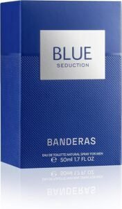 Imagen del perfume **BANDERAS Blue Seduction Agua de Toilette con vaporizador**. Un aroma fresco y seductor en un elegante frasco azul. Descubre opiniones y reseñas sobre esta fragancia irresistible.