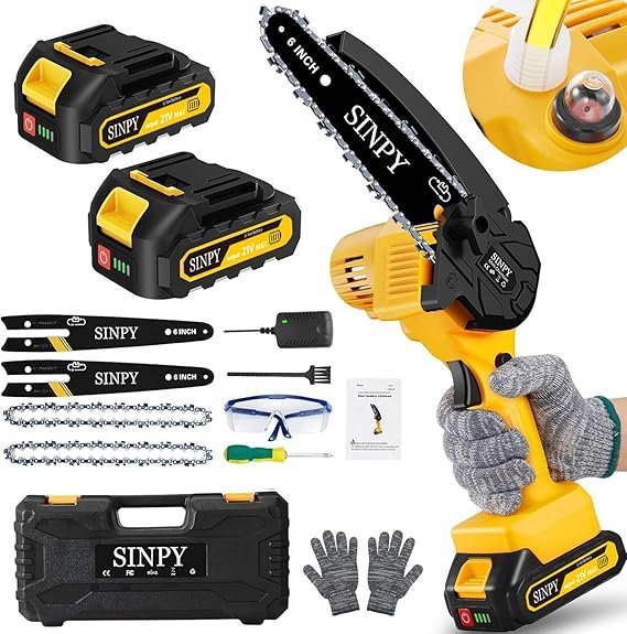 Imagen de la **SINPY Mini Motosierra a Batería de 6 Pulgadas** con batería de **6000 mAh**. Diseñada para cortes precisos y eficientes, ideal para poda y trabajos en madera. Descubre opiniones y características de esta motosierra a batería compacta y potente.