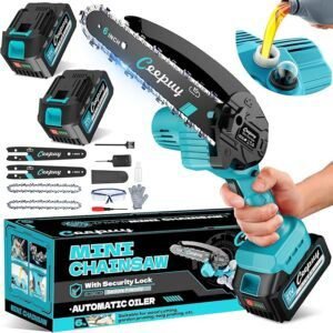 Imagen de la **CEEPUY 880W Mini Motosierra a Batería 10000mAh de 6 Pulgadas**, ideal para poda y corte eficiente. Diseño compacto, ligero y potente, perfecta para uso doméstico y profesional.