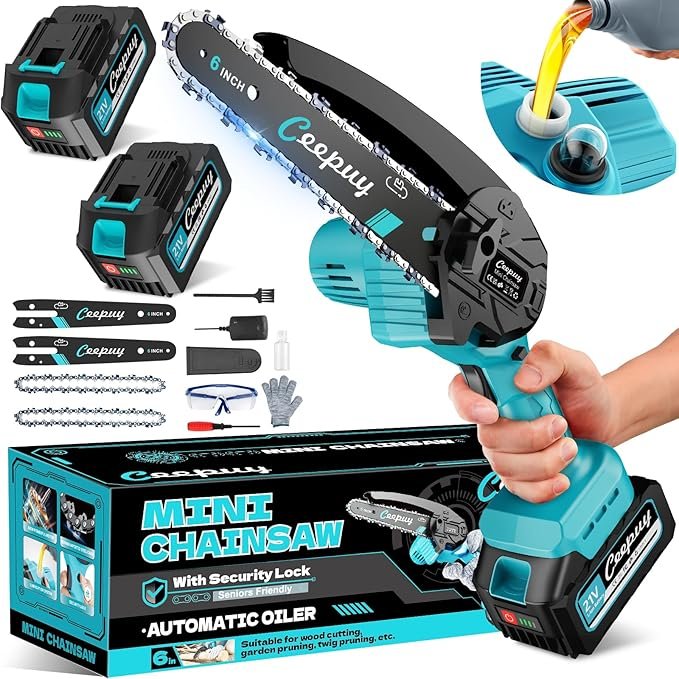 Imagen de la **CEEPUY 880W Mini Motosierra a Batería 10000mAh de 6 Pulgadas**, ideal para poda y corte eficiente. Diseño compacto, ligero y potente, perfecta para uso doméstico y profesional.