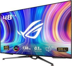Monitor gaming ASUS ROG Swift OLED PG48UQ de 48 pulgadas, 4K y tecnología OLED. Diseño premium con colores vibrantes, alto contraste y un rendimiento ultra fluido para una experiencia de juego inmersiva. Ideal para jugadores exigentes que buscan precisión y velocidad.