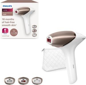 Depiladora de luz pulsada **Philips Lumea Serie 9000** en primer plano. Diseño elegante en color blanco y dorado, con cabezales intercambiables y tecnología IPL para una eliminación del vello duradera. Ideal para uso en piernas, brazos, axilas, bikini y rostro.