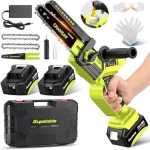 Imagen de la mini motosierra a batería **Supstable** de **8 y 6 pulgadas**, ideal para poda y corte de madera. Diseño portátil, liviano y ergonómico, con potente motor sin escobillas y batería de larga duración.