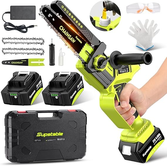 Imagen de la mini motosierra a batería **Supstable** de **8 y 6 pulgadas**, ideal para poda y corte de madera. Diseño portátil, liviano y ergonómico, con potente motor sin escobillas y batería de larga duración.